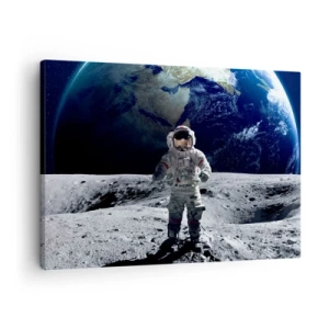 Schilderen op canvas - Astronaut op het maanoppervlak met de aarde op de achtergrond - 70x50cm - Groetjes van de maan - Moderne wanddecoratie voor woonkamer en slaapkamer ARTTOR
