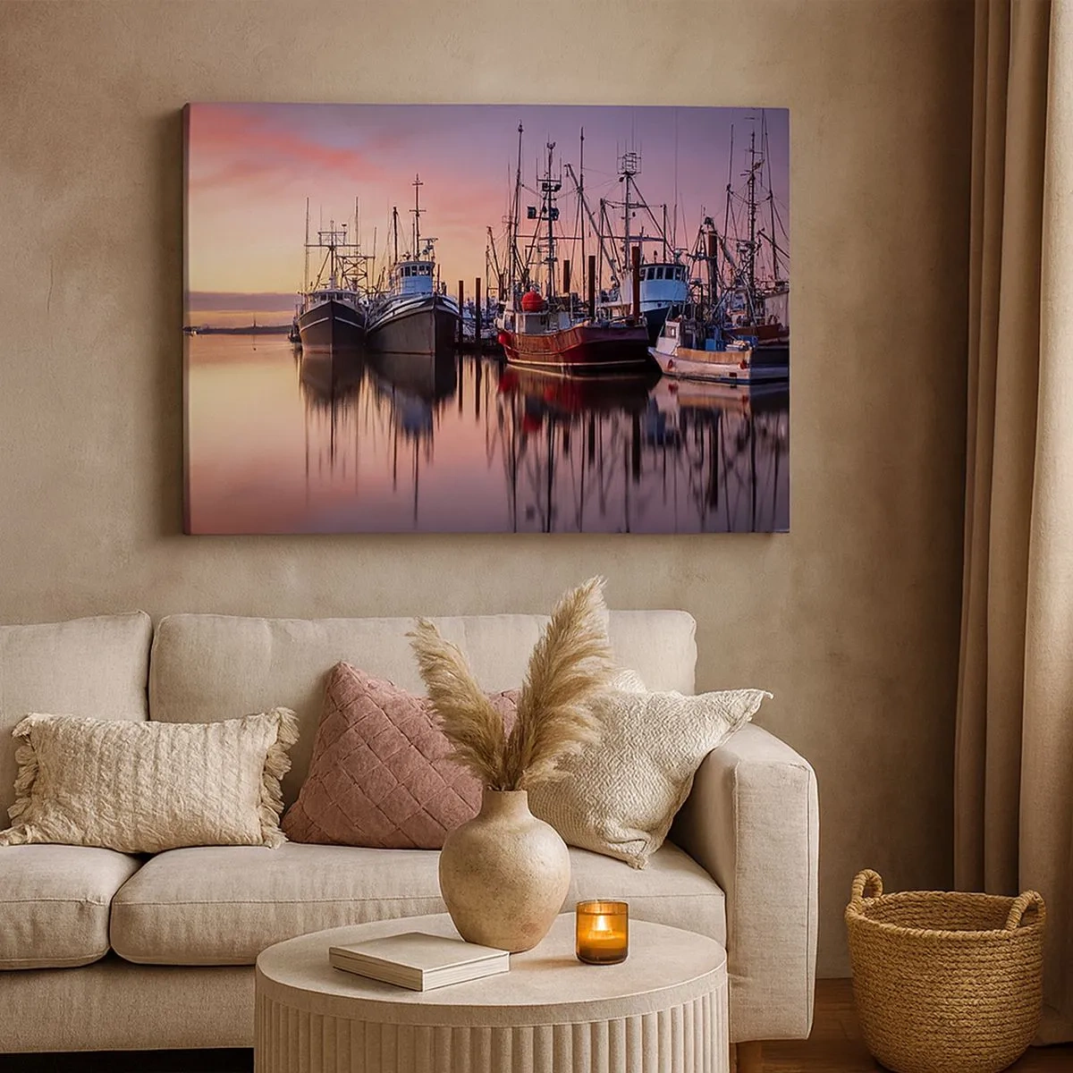 Schilderen op canvas - Vissersboten in de haven bij zonsondergang - 70x50cm - Voor de volgende dag - Moderne wanddecoratie voor woonkamer en slaapkamer ARTTOR