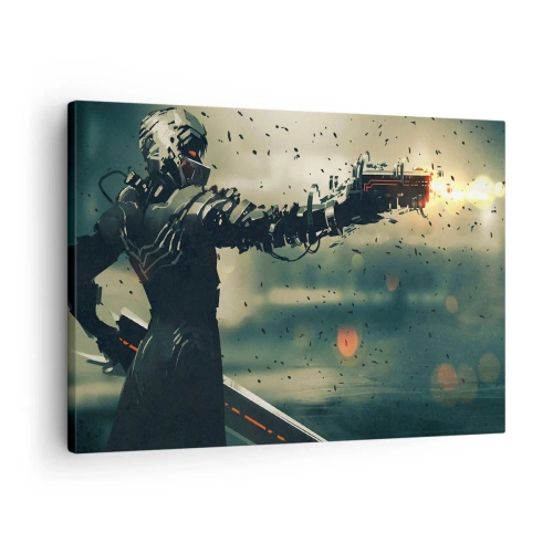 Schilderen op canvas - Cybernetische krijger met futuristische wapens - 70x50cm - Dodelijke wapens - Je eigen Terminator - Moderne wanddecoratie voor woonkamer en slaapkamer ARTTOR