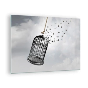 Schilderen op glas - De opening van de kooi en de vogels die eruit vliegen tegen de lucht - 70x50cm - Geloof ... Hoop ... Vrijheid! - Moderne wanddecoratie voor woonkamer en slaapkamer ARTTOR
