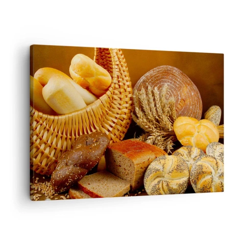 Schilderen op canvas - Verschillende soorten brood in een rieten mand op een gouden achtergrond - 70x50cm - We kwamen er weer mee weg - Moderne wanddecoratie voor woonkamer en slaapkamer ARTTOR
