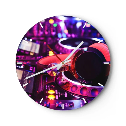 Wandklok - Klok - DJ-koptelefoon op een console met neonverlichting - 30x30cm - Voordat het plezier begint - Moderne wanddecoratie voor woonkamer, keuken en slaapkamer ARTTOR