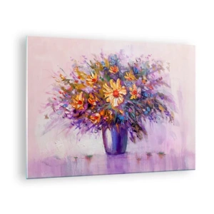Schilderen op glas - Een boeket kleurrijke bloemen in een vaas op een pastelkleurige achtergrond - 70x50cm - Het ruikt zoet, ziet er zoet uit - Moderne wanddecoratie voor woonkamer en slaapkamer ARTTOR