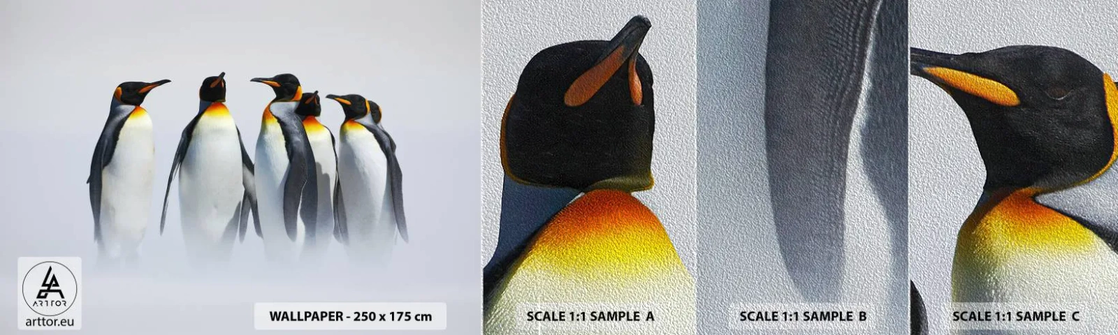 Fotobehang Monster Premium Sand - Ontmoeting in avondjurken - Dieren, pinguïn, Natuur - 100x30 cm