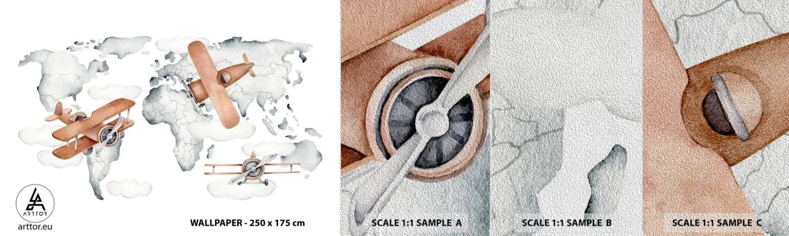 Fotobehang Monster Premium Sand - In een pioniersgeest - Wereldkaart, Vliegtuigen, Kinderen - 100x30 cm