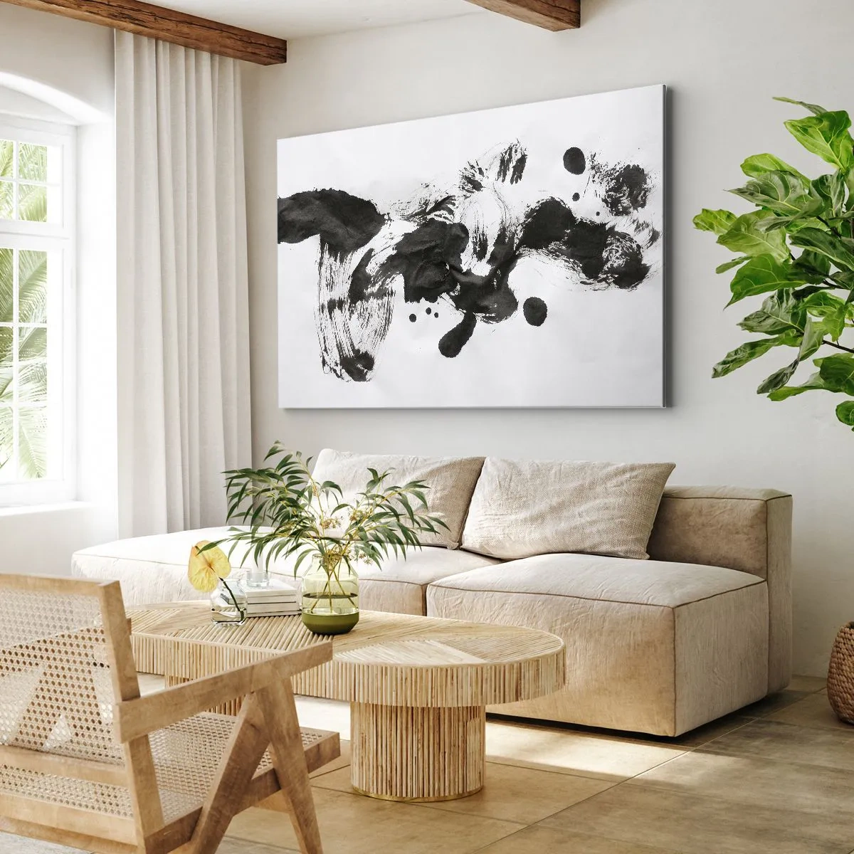 Schilderen op canvas - Abstracte compositie van zwarte vlekken op een witte achtergrond - 70x50cm - Is er een methode voor de waanzin? - Moderne wanddecoratie voor woonkamer en slaapkamer ARTTOR