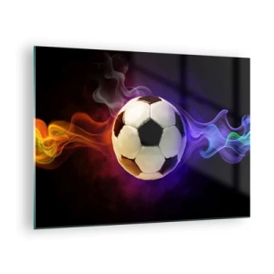 Schilderen op glas - Een voetbal omringd door kleurrijke strepen - 70x50cm - De magische kracht van het spel - Moderne wanddecoratie voor woonkamer en slaapkamer ARTTOR
