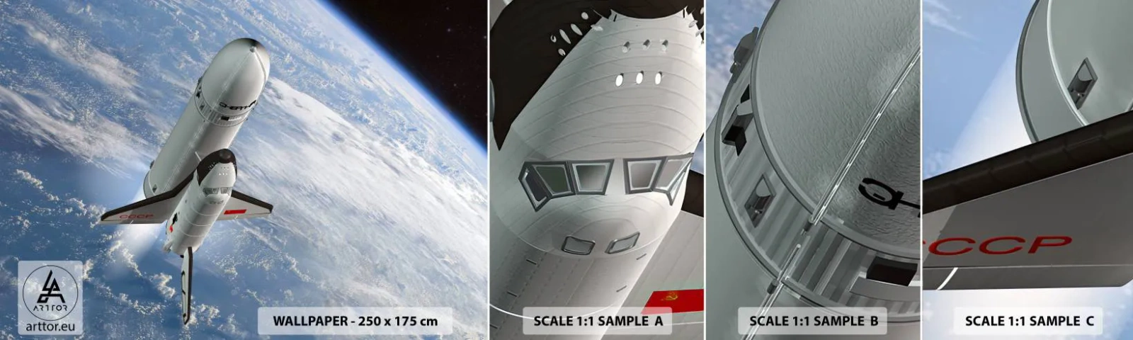 Fotobehang Monster Zelfklevend Deluxe Sticker - Kosmische Hemelvaart - Kosmos, Spoetnik, Een ruimteraket - 100x30 cm