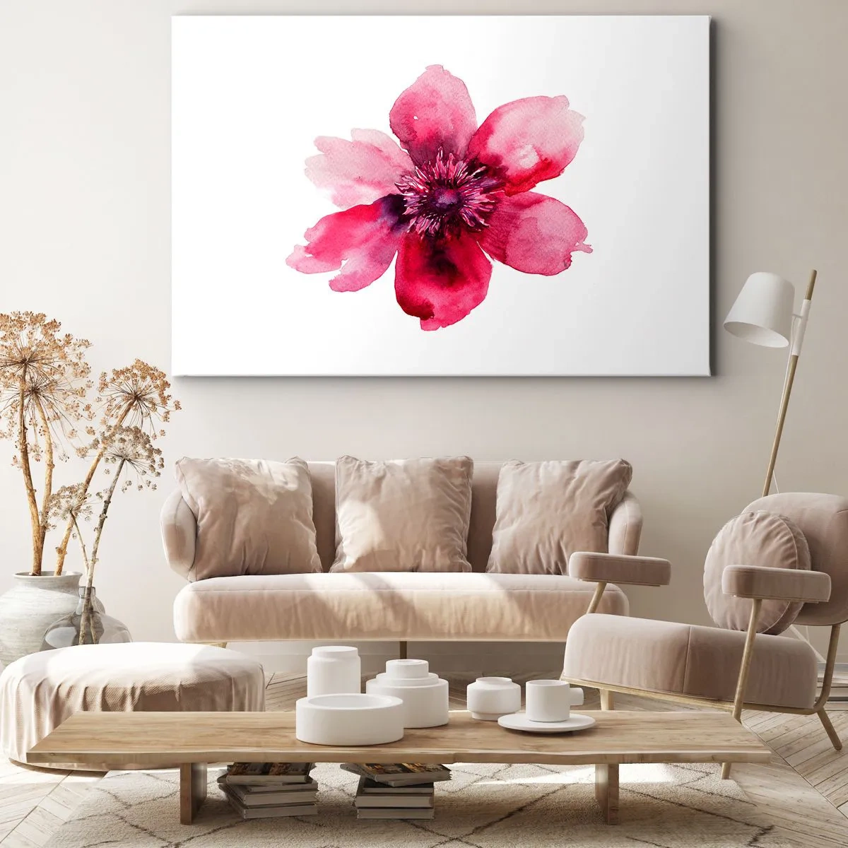 Schilderen op canvas - Roze bloem in aquarelstijl op witte achtergrond - 70x50cm - Een karmijnrode geurende kus - Moderne wanddecoratie voor woonkamer en slaapkamer ARTTOR