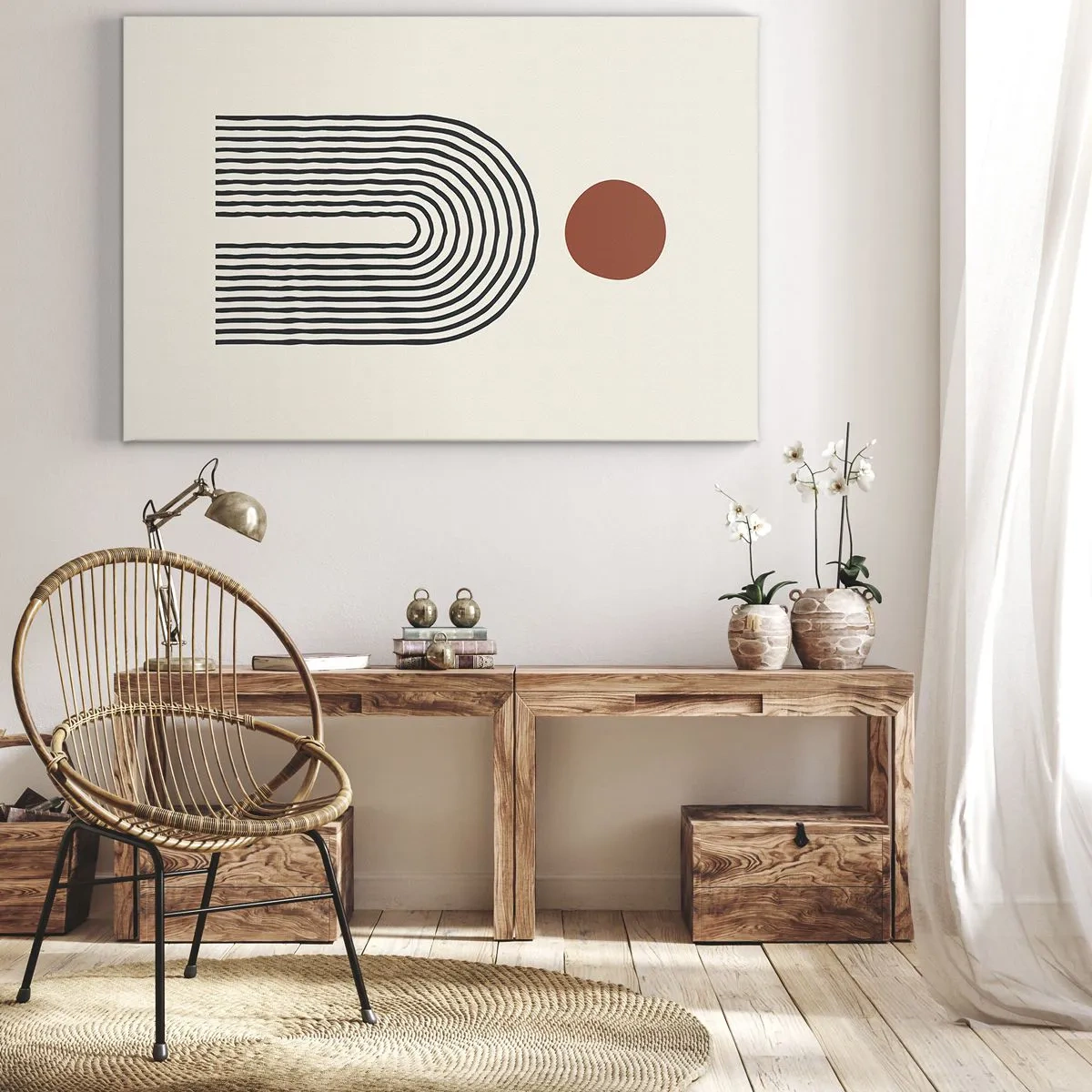 Schilderen op canvas - Modern abstract patroon met lijnen en een rode cirkel - 70x50cm - Magnetisme van vormen en kleuren - Moderne wanddecoratie voor woonkamer en slaapkamer ARTTOR