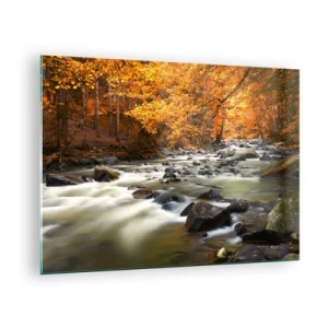 Schilderen op glas - Herfstbos met een beek en stenen - 70x50cm - Een stroom in een gouden bos - Moderne wanddecoratie voor woonkamer en slaapkamer ARTTOR