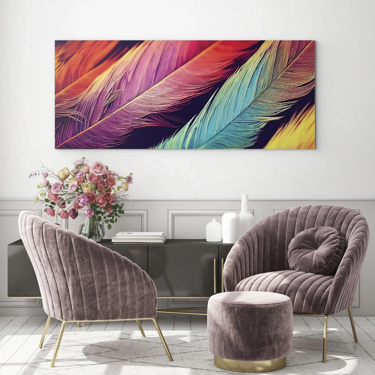 Schilderen op glas - Gevederde regenboog - 100x40 cm