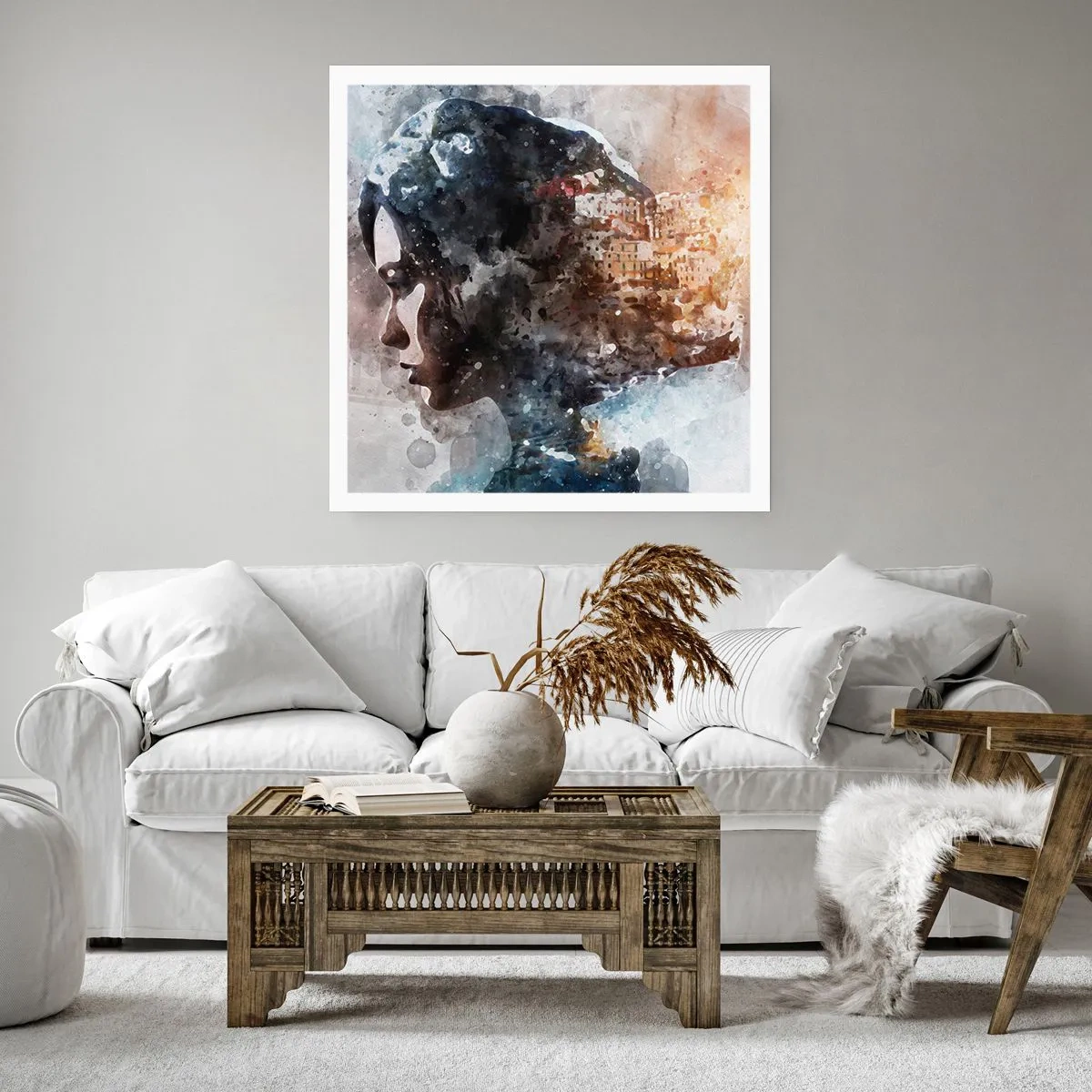 Poster - Een verhaal over een meisje met een stad op de achtergrond - 40x40 cm