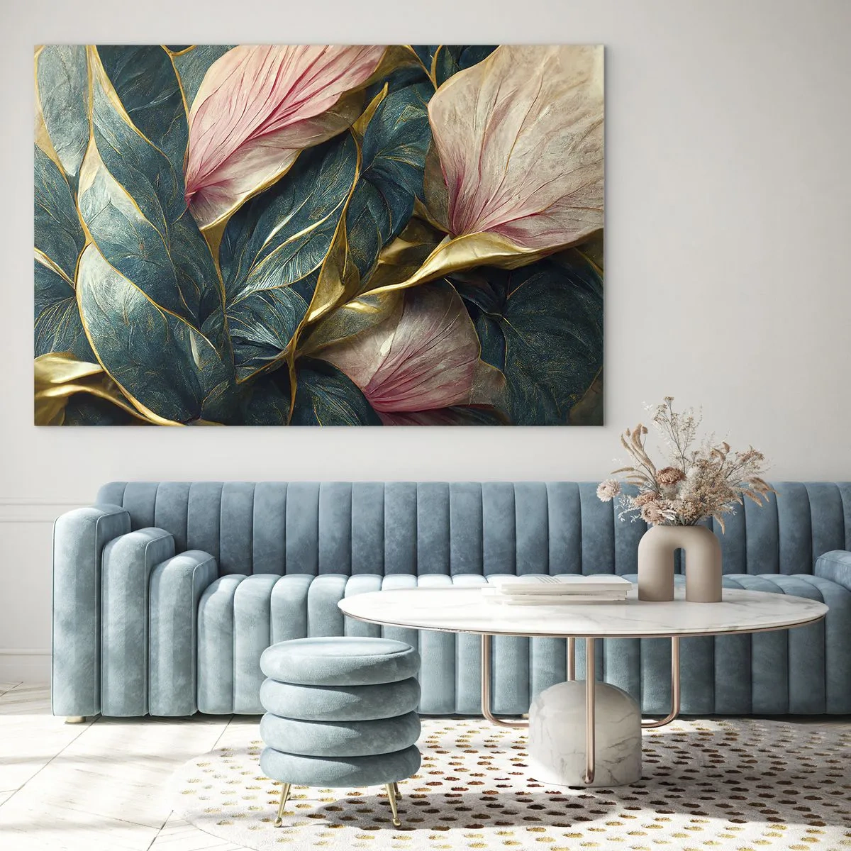 Schilderen op glas - Groene en roze bladeren met gouden accenten - 70x50cm - Natuurlijke elegantie en stijl - Moderne wanddecoratie voor woonkamer en slaapkamer ARTTOR