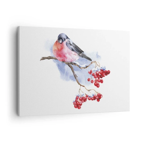 Schilderen op canvas - Vogel op een tak met rood fruit op de aquarelachtergrond - 70x50cm - Winter in kleur - Moderne wanddecoratie voor woonkamer en slaapkamer ARTTOR