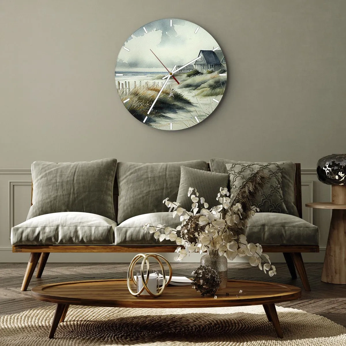 Wandklok - Klok - Duinhuisjes in aquarelstijl aan een kalme kust - 30x30cm - Weg van de drukte - Moderne wanddecoratie voor woonkamer, keuken en slaapkamer ARTTOR