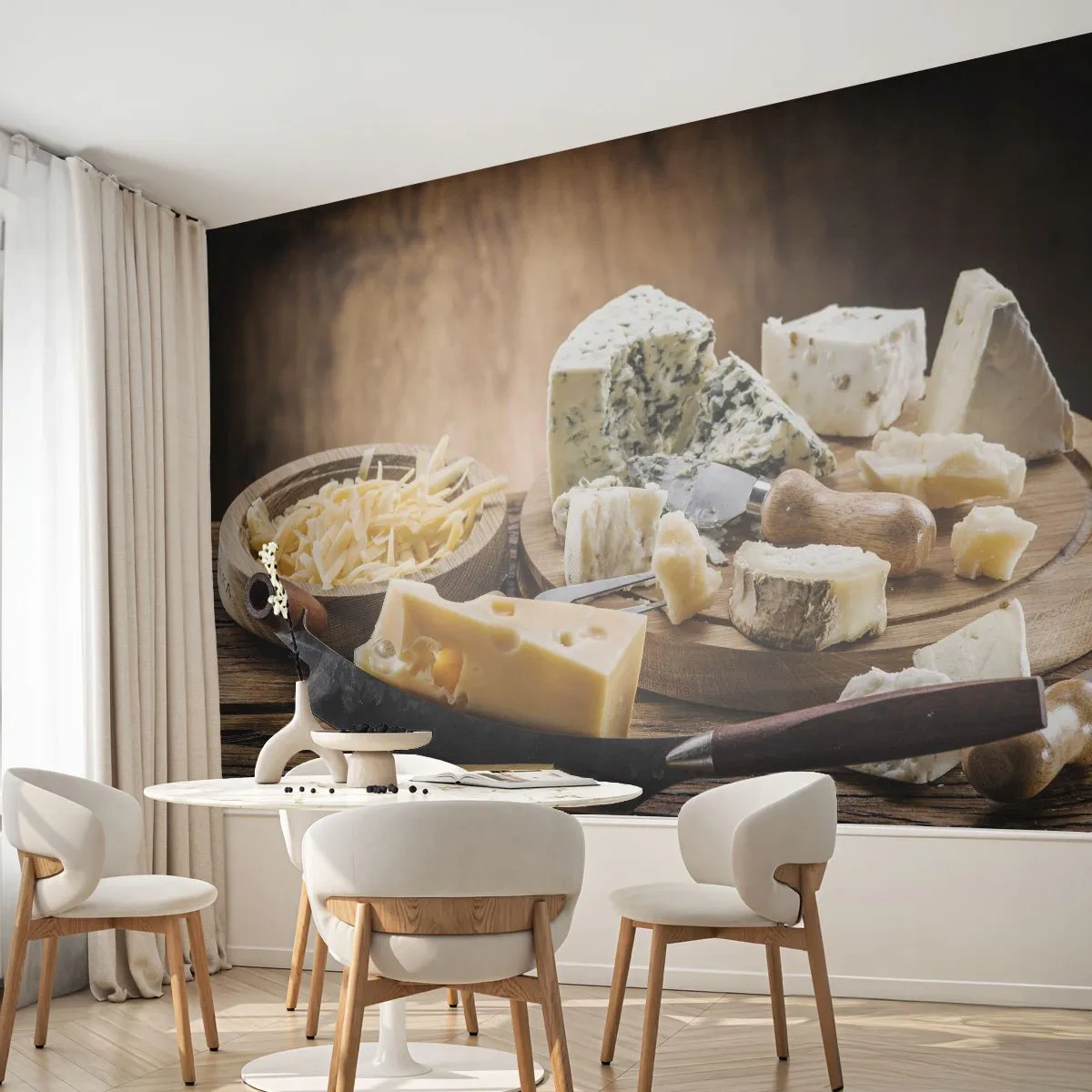 Fotobehang Premium Sand - Glimlach naar de kaas - Gastronomie, Kaasplankje, Culinair - 350x256 cm