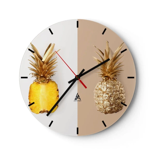 Wandklok - Klok - Een gouden ananas en zijn dwarsdoorsnede op een tweekleurige achtergrond - 30x30cm - Ananas voor ons - Moderne wanddecoratie voor woonkamer, keuken en slaapkamer ARTTOR