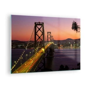 Schilderen op glas - De brug 's nachts in de stad en het zonsonderganglicht - 70x50cm - Violette avond - Moderne wanddecoratie voor woonkamer en slaapkamer ARTTOR