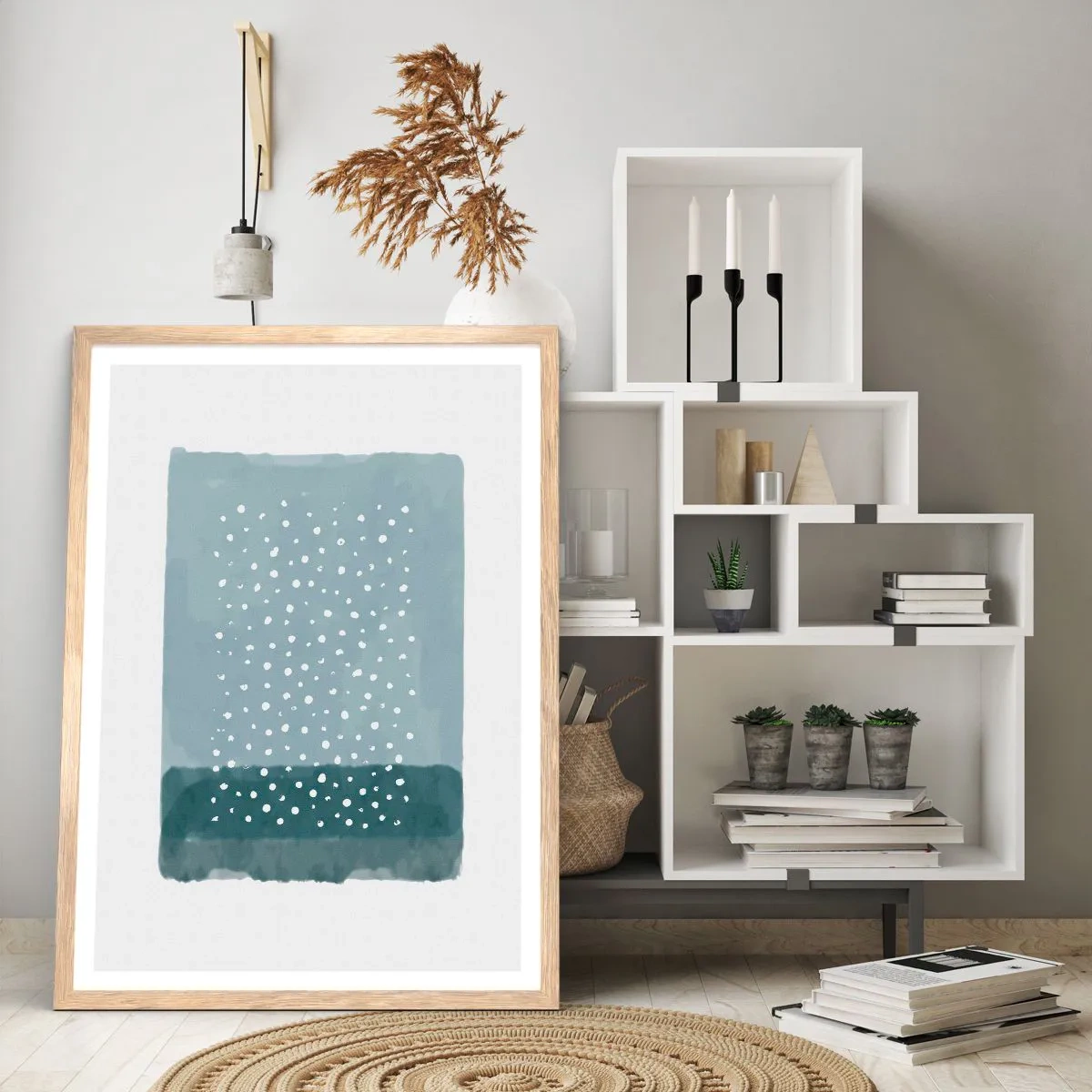 Een poster in een licht eiken lijst - Gegroeid op blauw - 61x91 cm