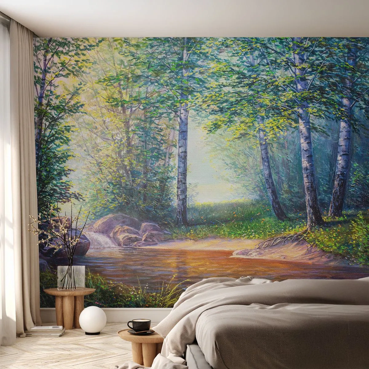Fotobehang Premium Sand - Idyllisch landschap - Landschap, Woud, Rivier - 100x70 cm