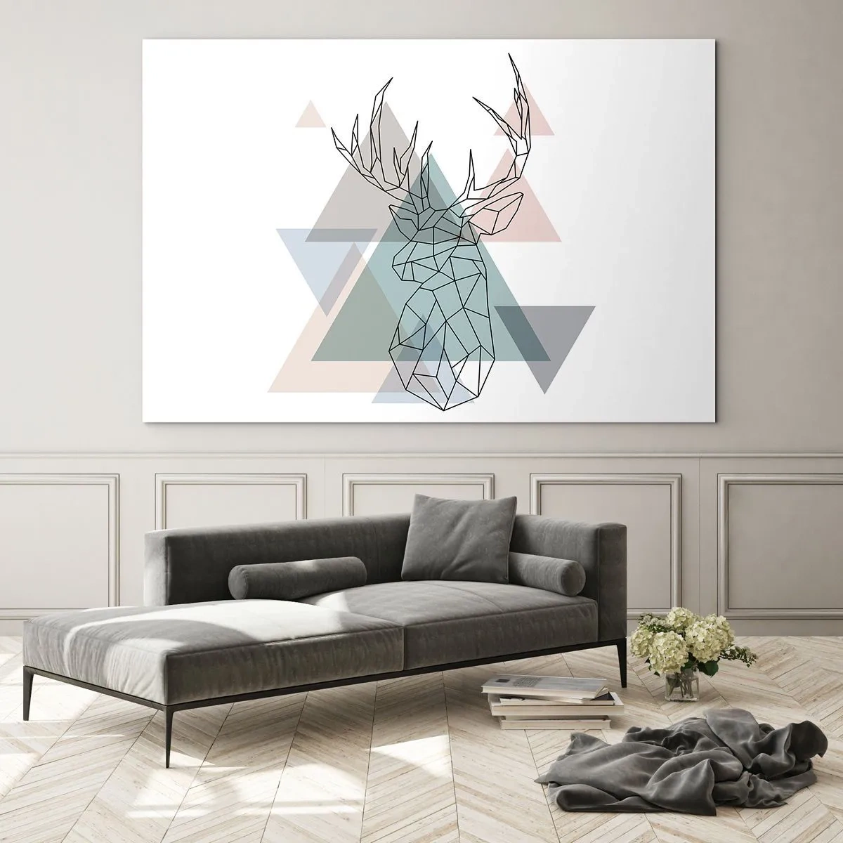 Schilderen op glas - Geometrische tekening van een hert tegen een achtergrond van pastelkleurige driehoeken - 70x50cm - In een geometrisch bos - Moderne wanddecoratie voor woonkamer en slaapkamer ARTTOR