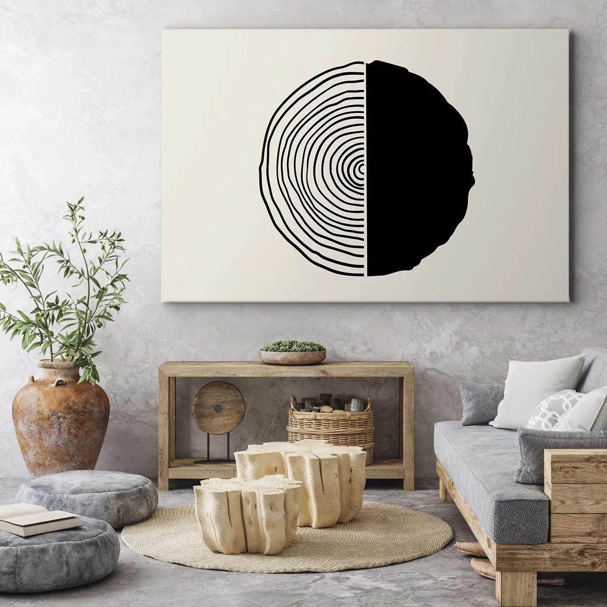 Schilderen op canvas - Een abstract zwart-wit motief geïnspireerd op een dwarsdoorsnede van hout met een geometrische verdeling. - 70x50cm - Half om half - Moderne wanddecoratie voor woonkamer en slaapkamer ARTTOR