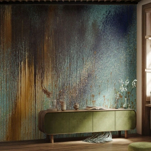 Fotobehang Standard Eco - Abstracte compositie in goud en turquoise - 100x70cm - Een niet toevallig kleurrijke compositie - Moderne wanddecoratie voor woonkamer en slaapkamer ARTTOR