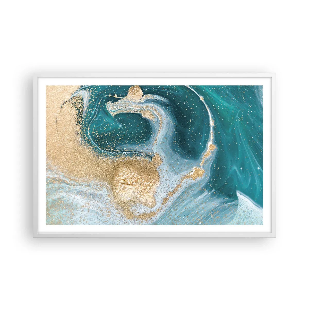 Poster in een witte lijst - Een werveling van goud en turkoois - 91x61 cm