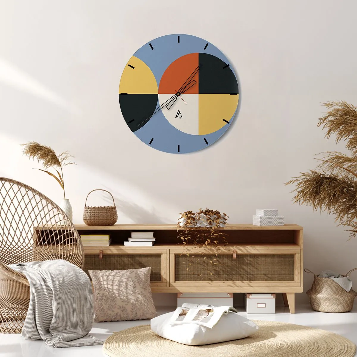 Wandklok - Klok - Geometrische compositie met kleurrijke halve cirkels en vierkanten - 30x30cm - Kijk en tel - Moderne wanddecoratie voor woonkamer, keuken en slaapkamer ARTTOR