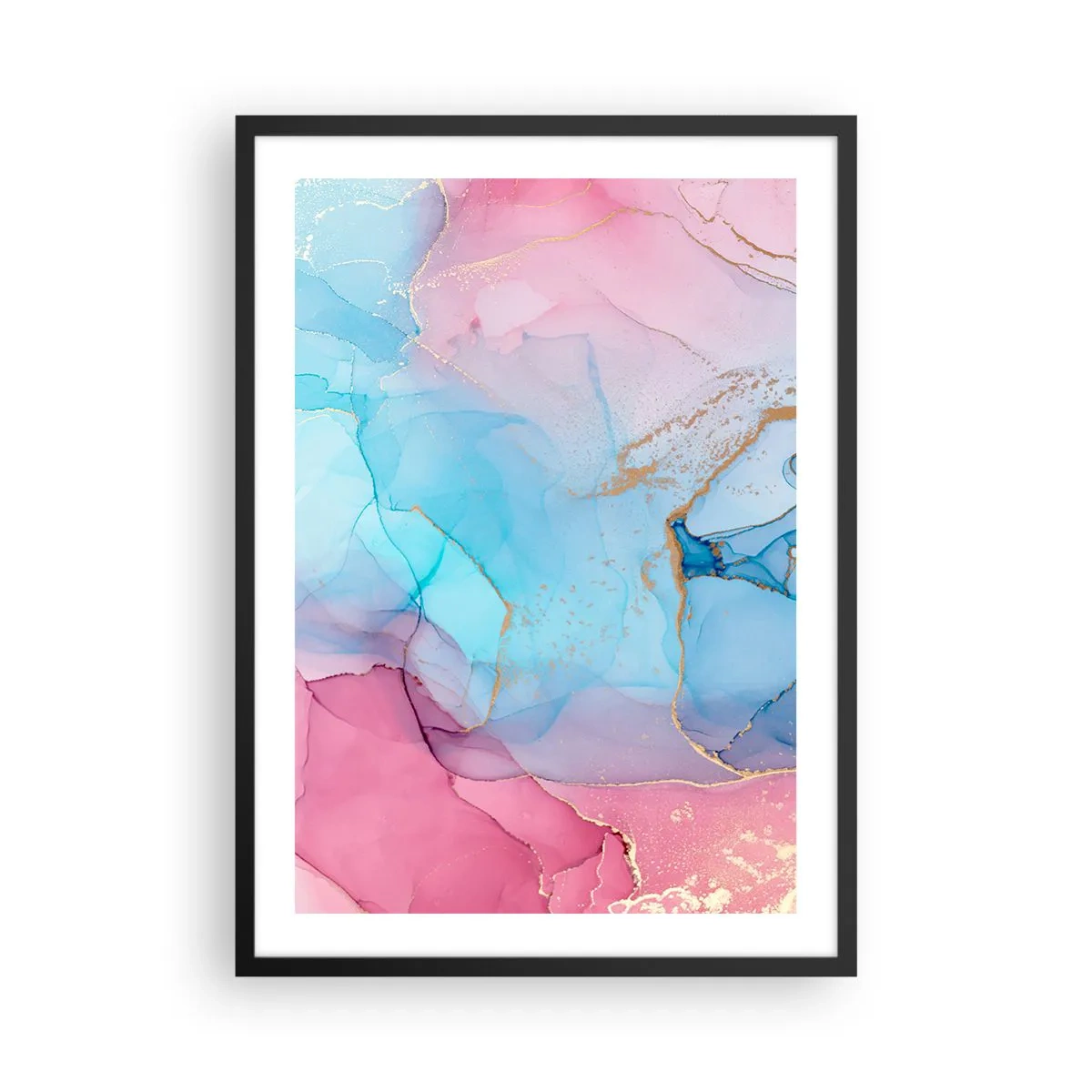 Poster in een zwarte lijst - Abstracte vlekken in tinten roze, blauw en goud - 50x70cm - Ontmoeting en interpenetratie - Moderne wanddecoratie voor woonkamer en slaapkamer ARTTOR