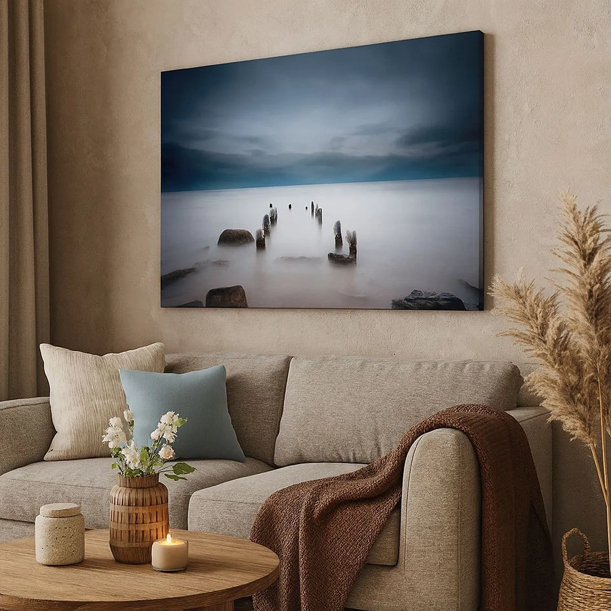 Schilderen op canvas - De oude pier tegen de achtergrond van een kalme zee - 70x50cm - Peinzend meer - Moderne wanddecoratie voor woonkamer en slaapkamer ARTTOR