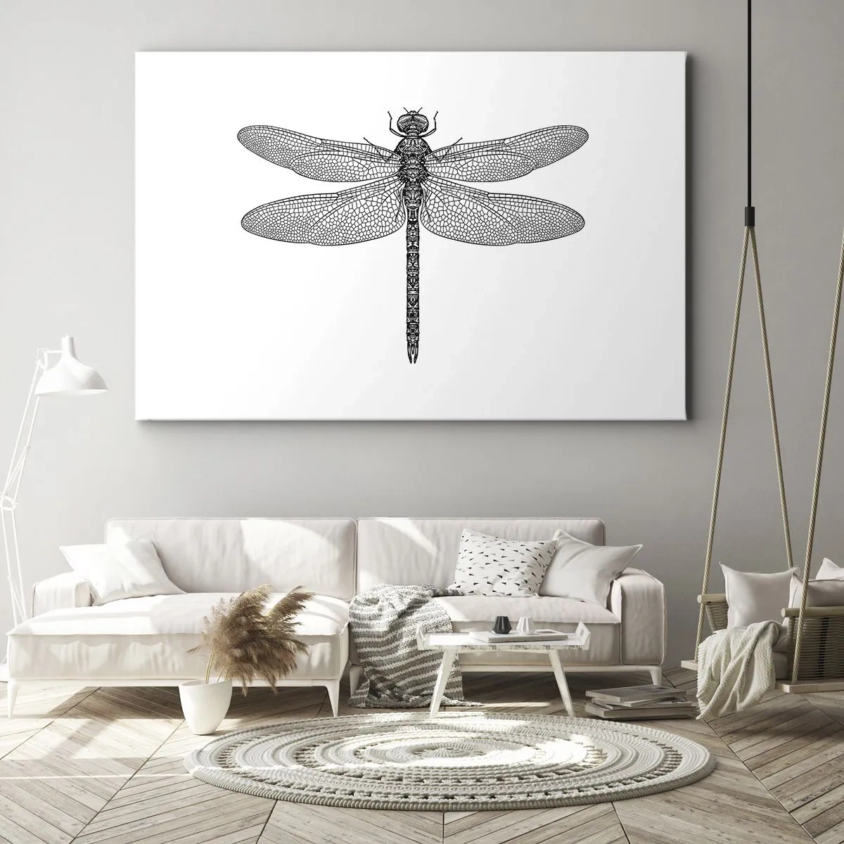 Schilderen op canvas - Zwart-wit tekening van een libel op een witte achtergrond in minimalistische stijl - 70x50cm - Precisie van de natuur - Moderne wanddecoratie voor woonkamer en slaapkamer ARTTOR