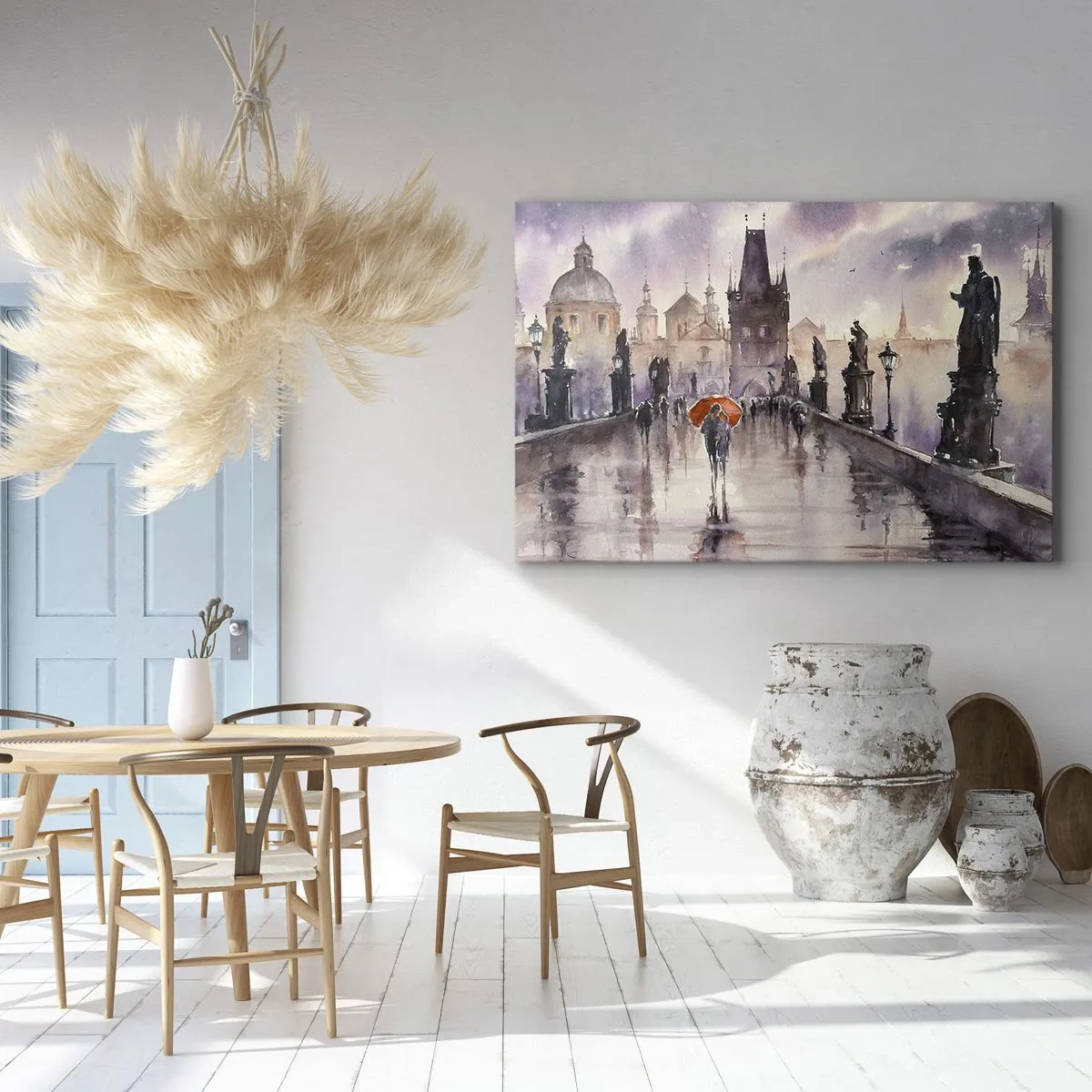 Schilderen op canvas - Romantisch uitzicht op een brug met een paraplu tegen de achtergrond van een avondstad - 70x50cm - Mensen veranderen niet - Moderne wanddecoratie voor woonkamer en slaapkamer ARTTOR