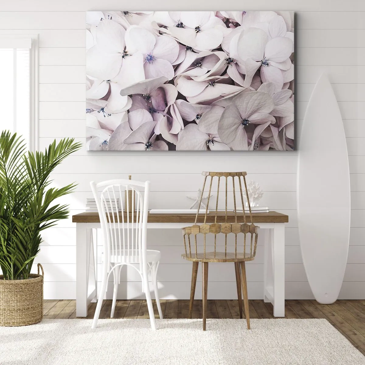 Schilderen op canvas - Delicate witte hortensia's in pasteltinten - 70x50cm - In een vloed van bloemen - Moderne wanddecoratie voor woonkamer en slaapkamer ARTTOR