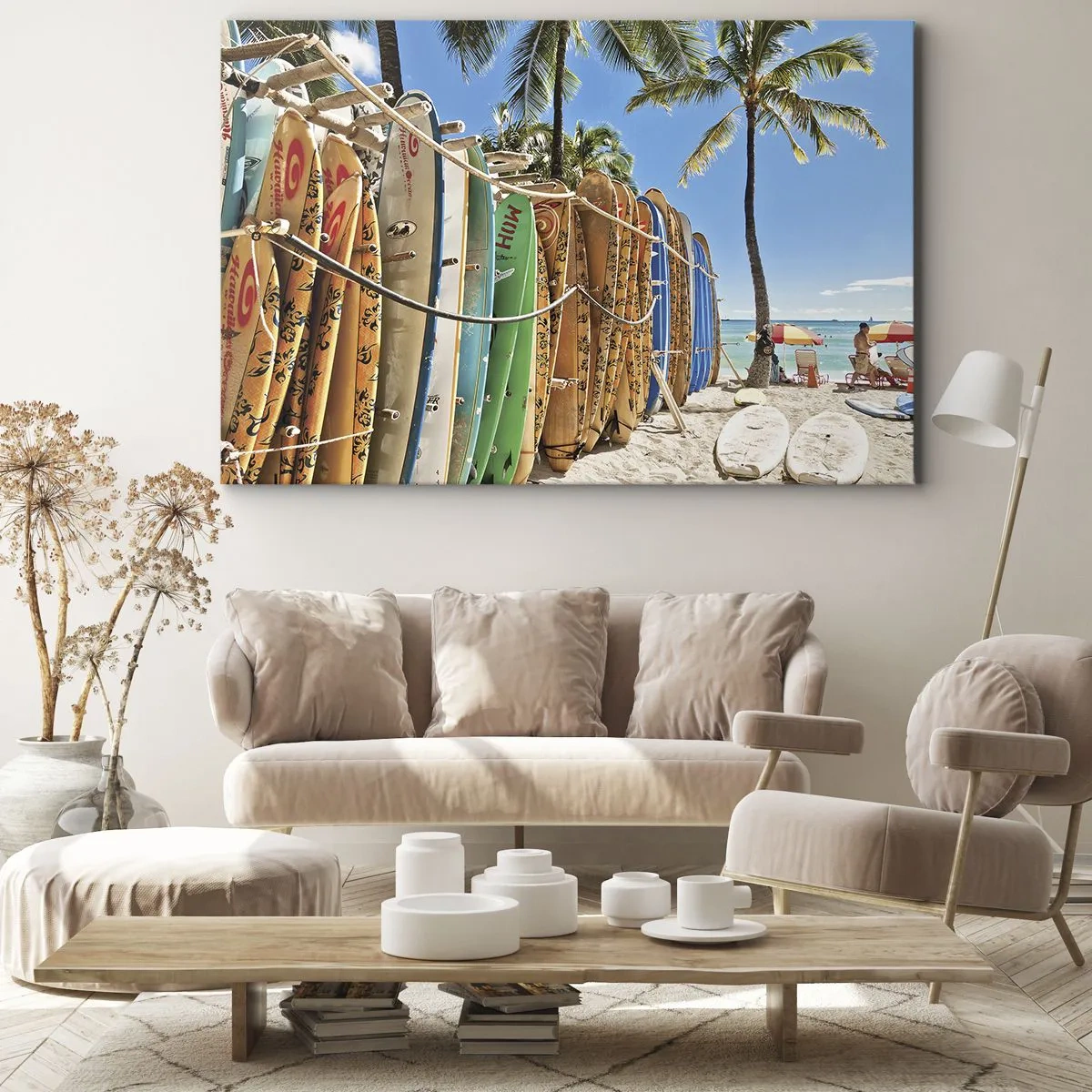 Schilderen op canvas - Surfplanken op een strand met palmbomen - 70x50cm - Zonnig plezier - Moderne wanddecoratie voor woonkamer en slaapkamer ARTTOR