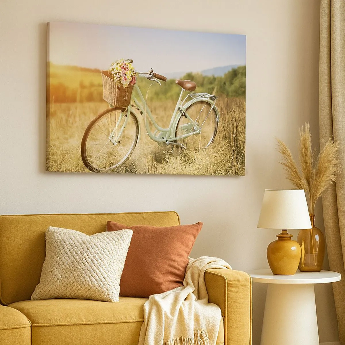 Schilderen op canvas - Een retrofiets met een mand vol bloemen tegen een achtergrond van een weide. - 70x50cm - Ik blijf hier nog even - Moderne wanddecoratie voor woonkamer en slaapkamer ARTTOR