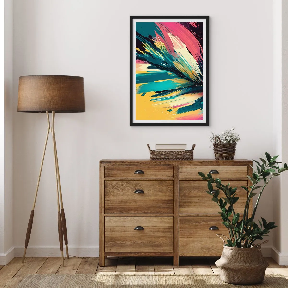 Poster in een zwarte lijst - Een abstracte explosie van kleuren in een dynamische opstelling - 50x70cm - Compositie – een explosie van vreugde - Moderne wanddecoratie voor woonkamer en slaapkamer ARTTOR