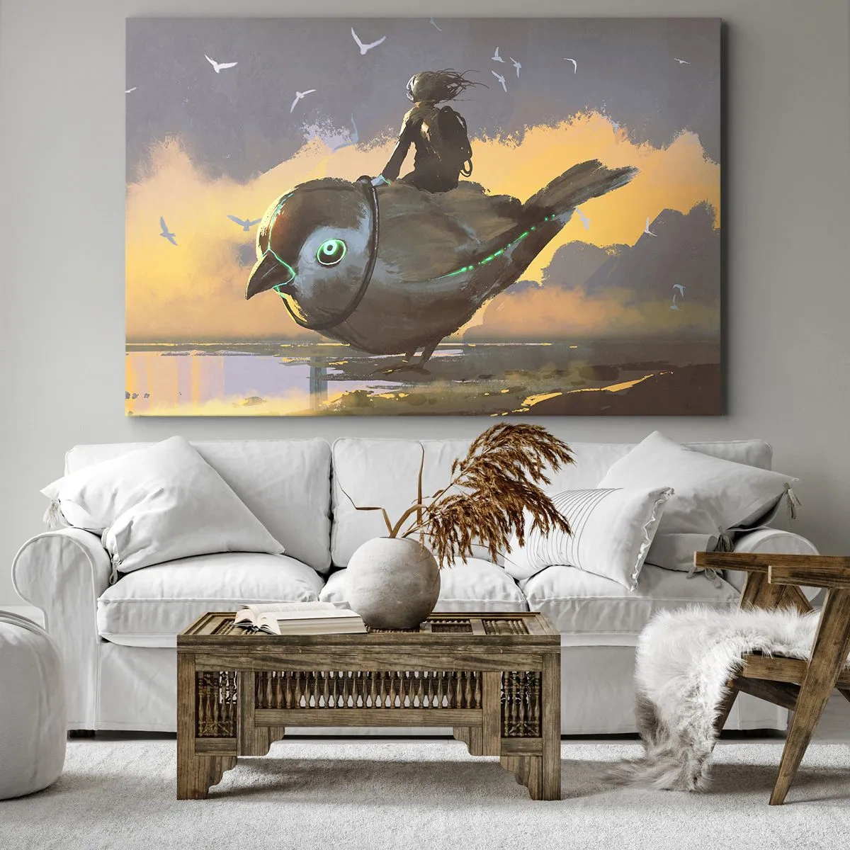 Schilderen op canvas - Ruiter op een gigantische vogel in een surrealistisch landschap - 70x50cm - Een tussenstop op een fantastische reis - Moderne wanddecoratie voor woonkamer en slaapkamer ARTTOR