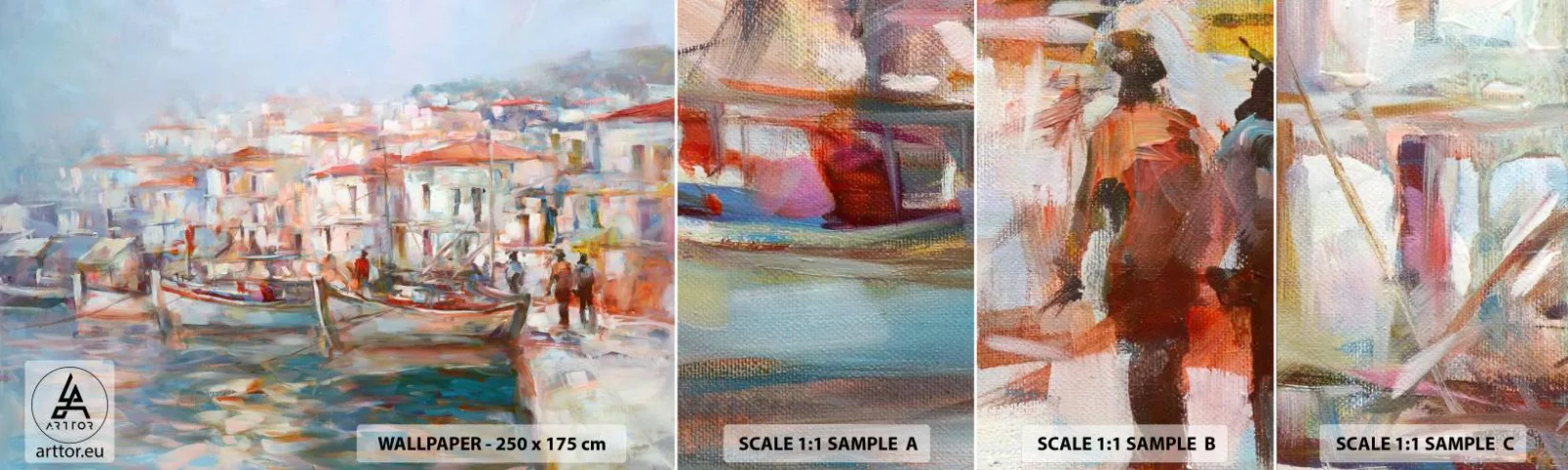 Fotobehang Staaltje Standard Eco - Pastel vakantie - Havenstad, Architectuur, Vissersboot - 100x30 cm