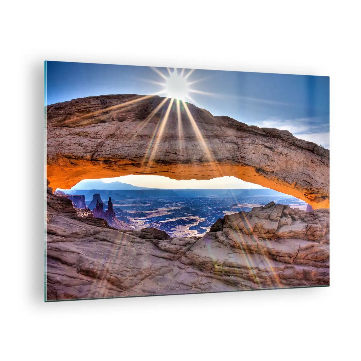 Schilderen op glas - Rotsboog met zonnestralen tegen de landschapsachtergrond - 70x50cm - Door de rotspoort - Moderne wanddecoratie voor woonkamer en slaapkamer ARTTOR