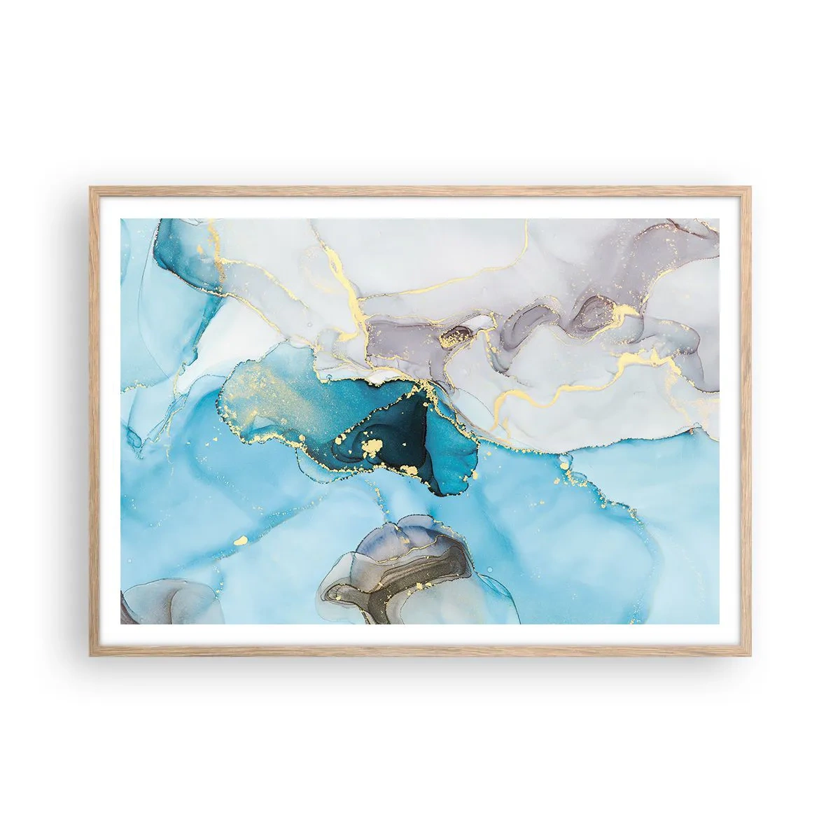 Een poster in een licht eiken lijst - Een studie van de ontmoeting van grijs en turkoois - 100x70 cm