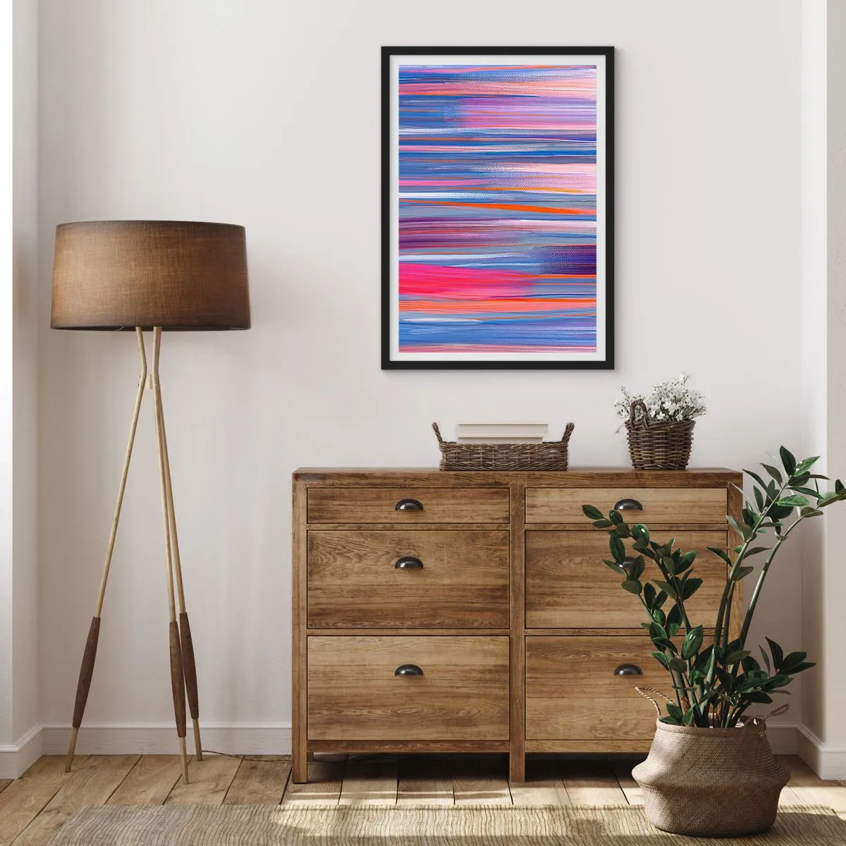 Poster in een zwarte lijst - Abstracte horizontale lijnen in tinten blauw en roze - 50x70cm - Opgang naar de regenboog - Moderne wanddecoratie voor woonkamer en slaapkamer ARTTOR