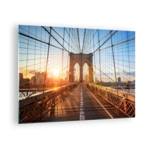 Schilderen op glas - Zonsondergang op de Brooklyn Bridge in New York - 70x50cm - Op de gouden brug - Moderne wanddecoratie voor woonkamer en slaapkamer ARTTOR