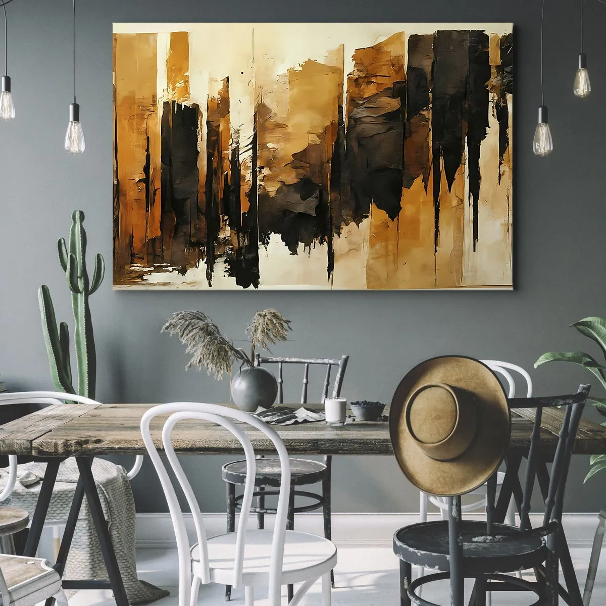 Schilderen op canvas - Abstracte gouden en zwarte strepen in een artistieke compositie - 70x50cm - Harmonie van zwart en goud - Moderne wanddecoratie voor woonkamer en slaapkamer ARTTOR