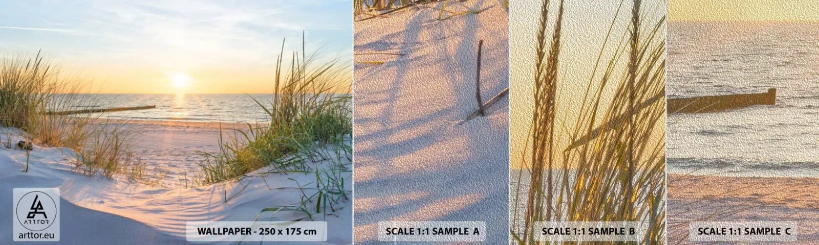 Fotobehang Monster Premium Sand - Het geluid van de zee, het zingen van vogels, een wild strand tussen het gras... - Landschap, Zee, Duinen - 100x30 cm