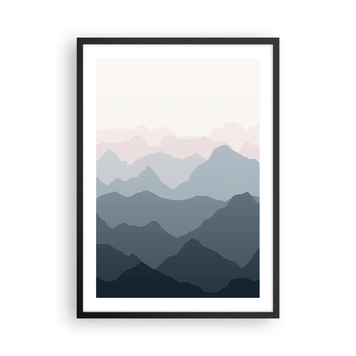 Poster in een zwarte lijst - Gelaagde bergketens in tinten blauw en grijs - 50x70cm - Golven van de bergen - Moderne wanddecoratie voor woonkamer en slaapkamer ARTTOR