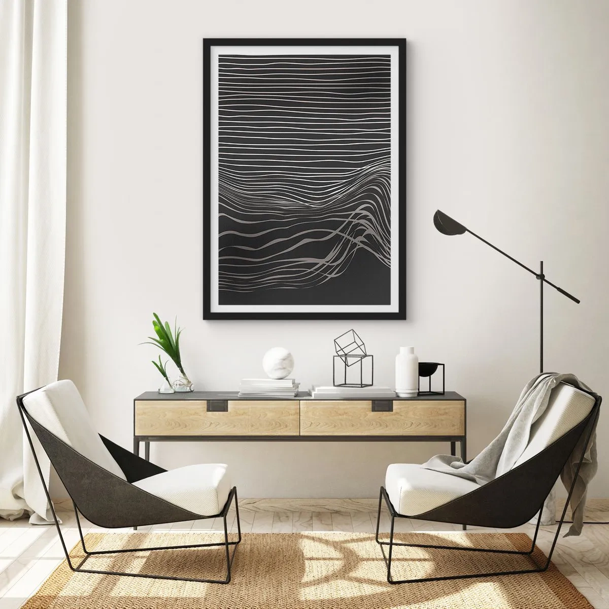 Poster in een zwarte lijst - Abstracte compositie met lijnen op een zwarte achtergrond - 50x70cm - Ritme en accent - Moderne wanddecoratie voor woonkamer en slaapkamer ARTTOR