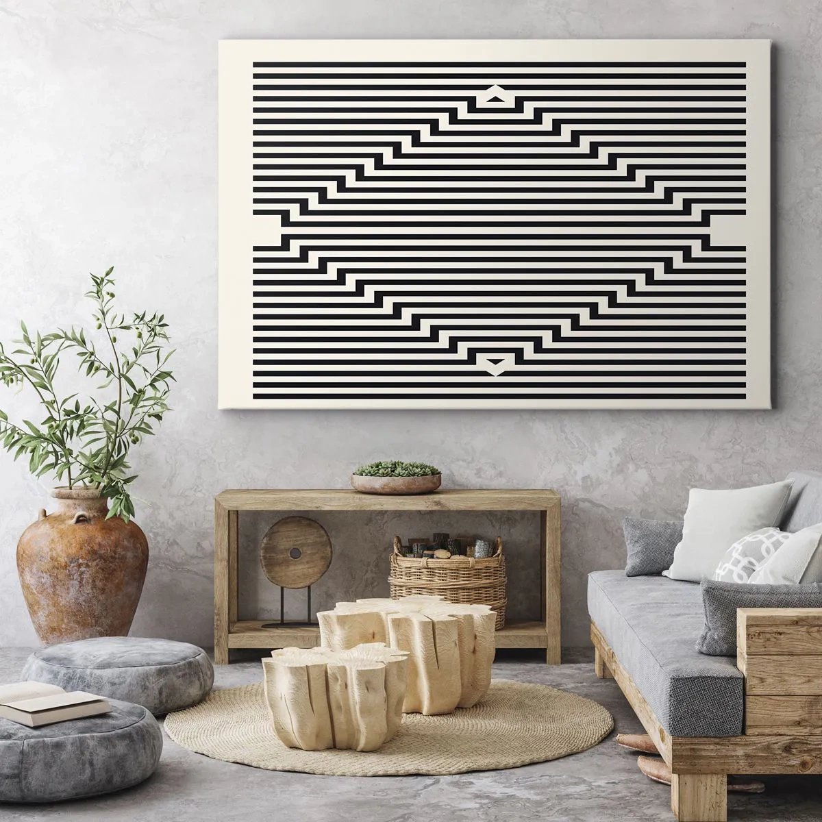 Schilderen op canvas - Zwarte en witte lijnen creëren een geometrisch illusie-effect - 70x50cm - Geometrische illusie - Moderne wanddecoratie voor woonkamer en slaapkamer ARTTOR