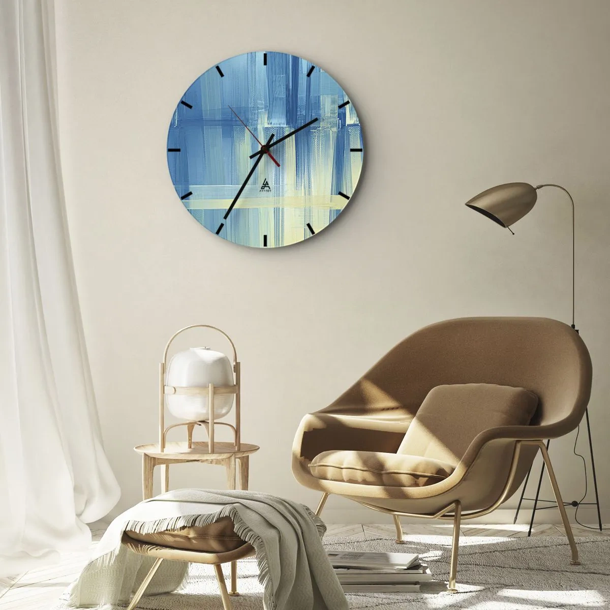 Wandklok - Klok - Blauwe en beige abstractie in penseelstreektechniek - 30x30cm - Compositie in turkoois - Moderne wanddecoratie voor woonkamer, keuken en slaapkamer ARTTOR